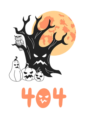 Árvore de Halloween com abóboras assustadoras e lua cheia  Ilustração