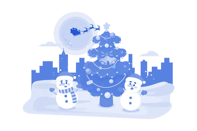 Árvore de natal com boneco de neve  Ilustração