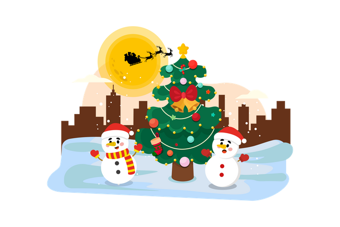 Árvore de natal com boneco de neve  Ilustração