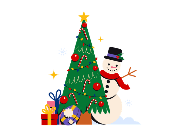 Árvore de natal com boneco de neve  Ilustração