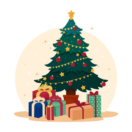 Árvore de Natal com caixas de presente  Ilustração