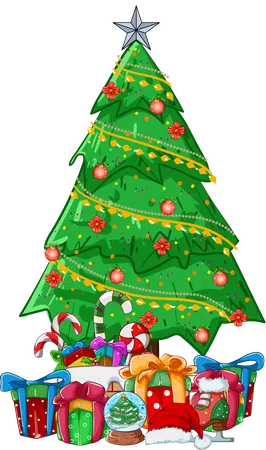 Árvore de natal com presentes e doces  Ilustração