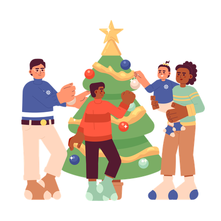 Família decorando árvore de natal  Ilustração