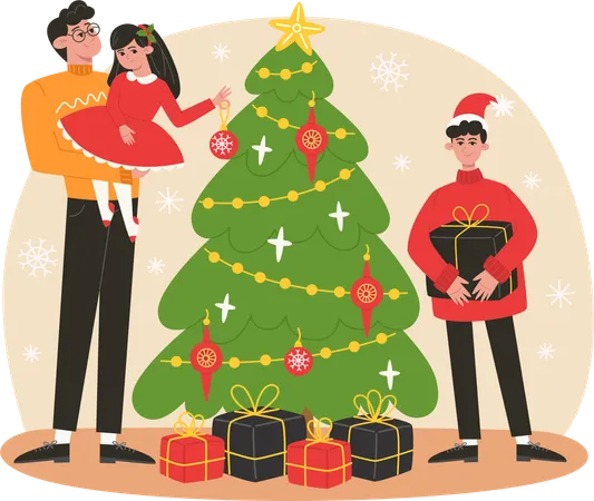 Família decorando árvore de natal  Ilustração