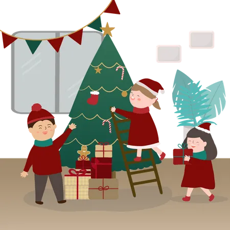 Família decorando árvore de natal  Ilustração