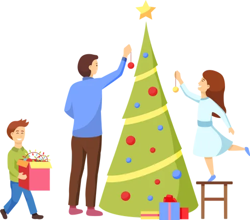 Família decorando árvore de natal  Ilustração