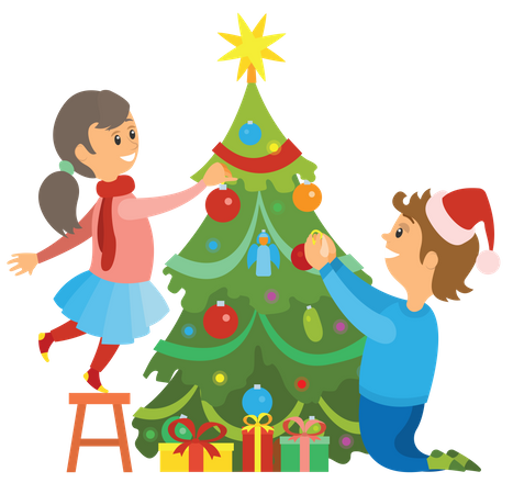 Crianças decorando árvore de natal  Ilustração