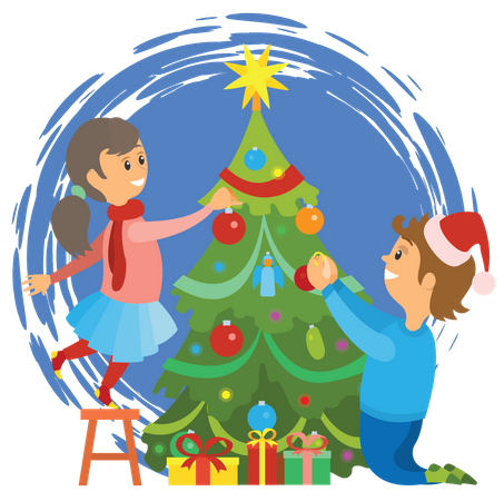 Crianças decorando árvore de natal  Ilustração