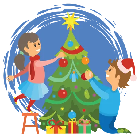 Crianças decorando árvore de natal  Ilustração