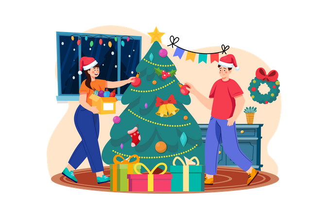 Crianças decorando árvore de natal  Ilustração