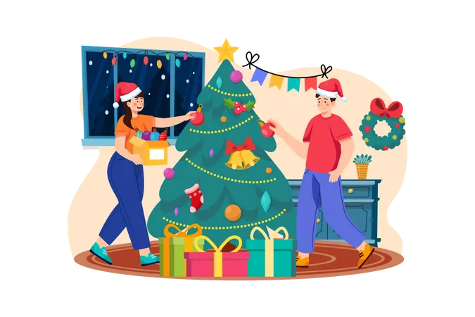 Crianças decorando árvore de natal  Ilustração