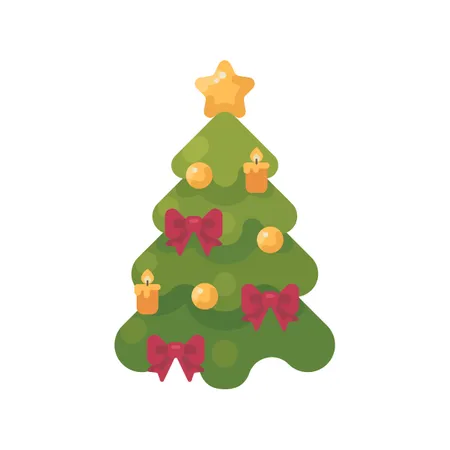 Árvore de Natal decorada com enfeites, fitas e velas  Ilustração