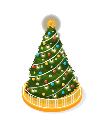 Árvore de Natal decorada com guirlandas brilhantes  Ilustração