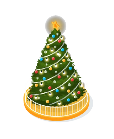 Arvore De Natal Decorada Com Guirlandas Brilhantes Isoladas Vetor De Icone 3 D Pinheiro Perene Com Enfeites E Bolas Decoracao Estrelada No Topo Simbolo De Ano Novo Ilustração