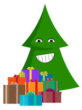 Árvore de Natal sorridente de desenho animado com caixas de presente  Ilustração