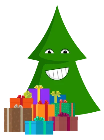 Cartoes Postais De Feliz Natal Com Arvores De Natal Verdes Com Cones Presentes Embrulhados Abeto Coberto Por Estrela Pilhas De Caixas De Presente Abeto Sorridente De Emoji De Desenho Animado Ilustração