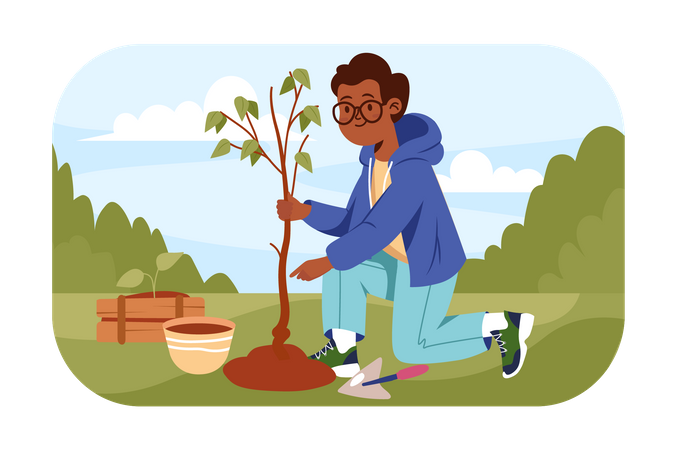 Menino africano plantando árvore  Ilustração