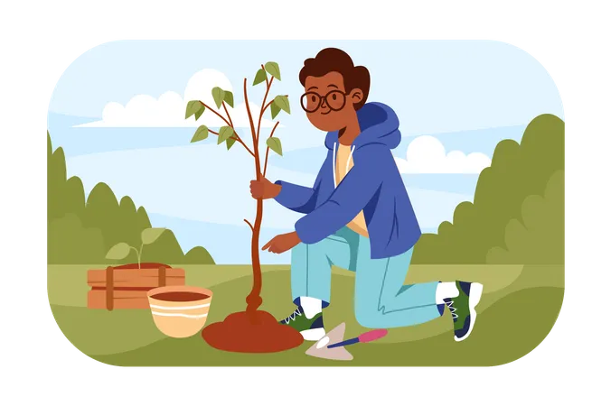 Menino africano plantando árvore  Ilustração