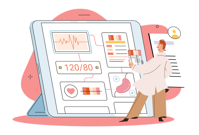 Arzt aktualisiert Patientendaten auf dem Online-Dashboard  Illustration