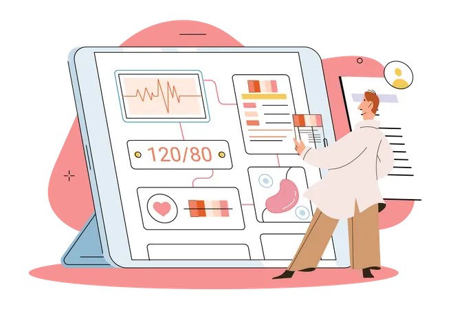 Arzt aktualisiert Patientendaten auf dem Online-Dashboard  Illustration