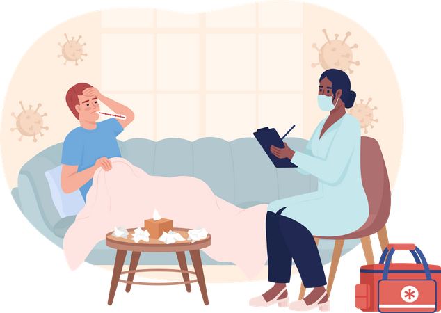 Arzt besucht Patient mit Viruserkrankung  Illustration