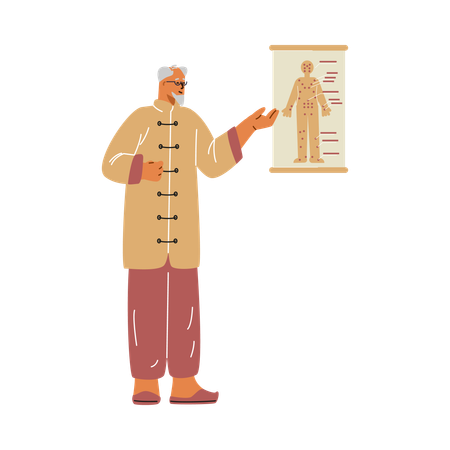 Arzt, der Unterricht über Akupunktur auf Plakat gibt  Illustration