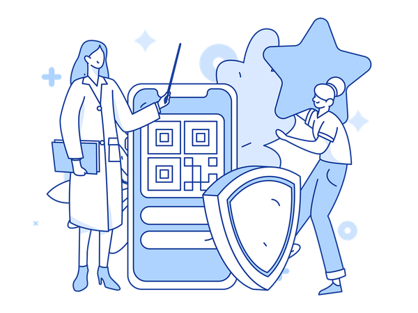 Arzt erklärt Patient Scanner zur Rechnungszahlung  Illustration