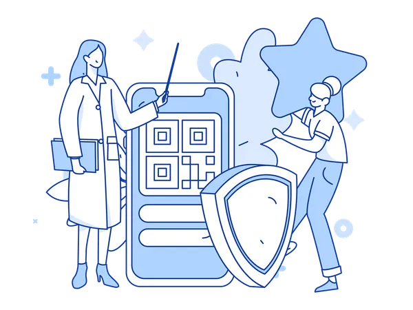 Arzt erklärt Patient Scanner zur Rechnungszahlung  Illustration