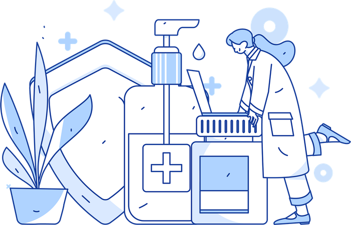 Arzt gibt Patienten eine Flasche Desinfektionsmittel  Illustration