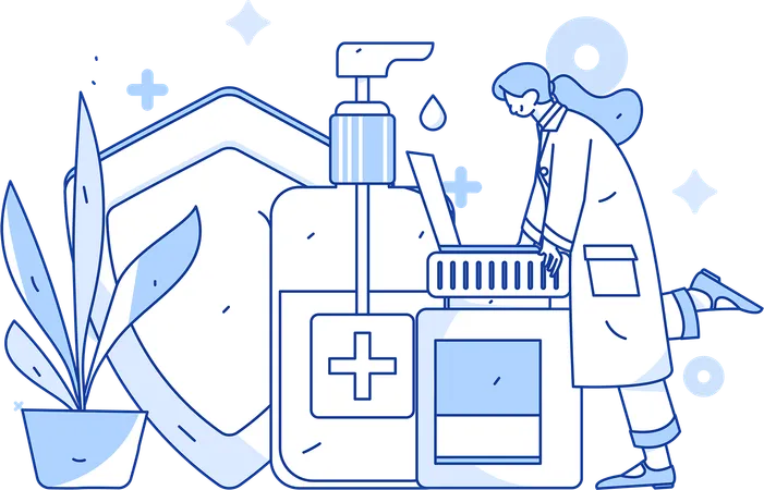 Arzt gibt Patienten eine Flasche Desinfektionsmittel  Illustration