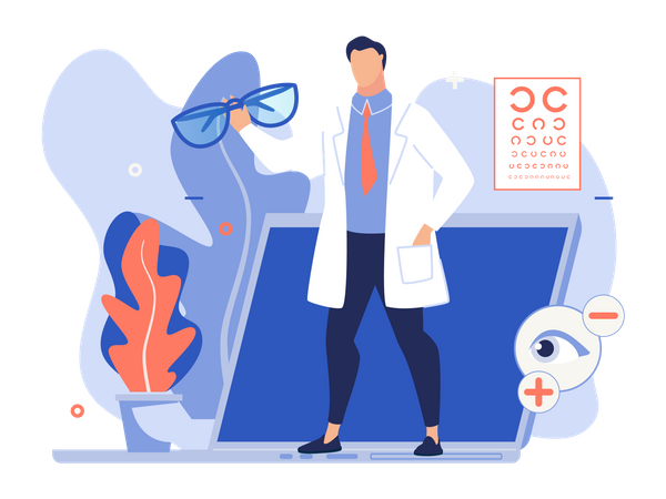 Arzt mit Brille und Online-Sehberatungskonzept  Illustration