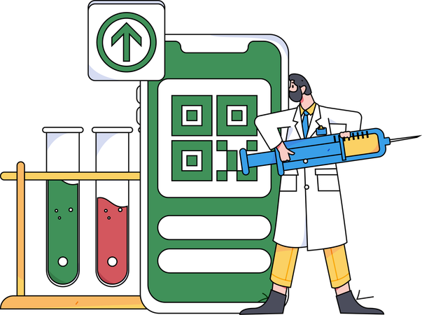 Arzt hält Injektion während der Impfstoffforschung  Illustration