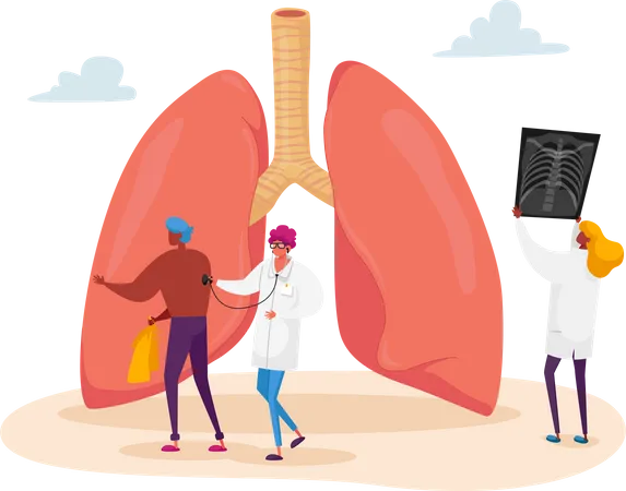 Arzt hält Röntgenbild der Lunge und lernt Fluorographie bei Asthmapatienten  Illustration