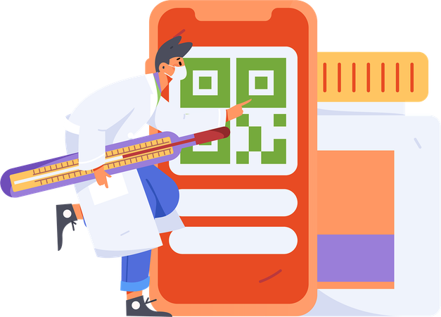 Arzt hält Thermometer und zeigt Medizinflasche  Illustration