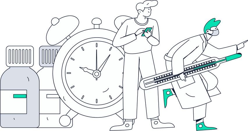 Arzt hält Thermometer, während Patient Medikamentenerinnerung eingibt  Illustration