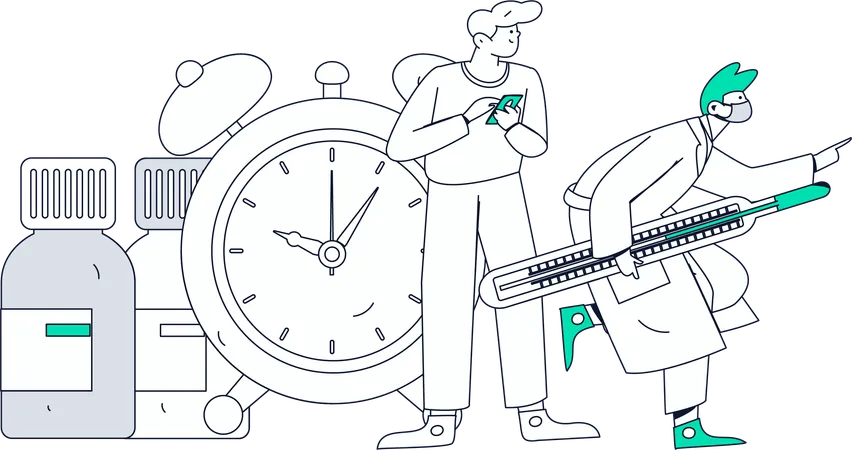 Arzt hält Thermometer, während Patient Medikamentenerinnerung eingibt  Illustration