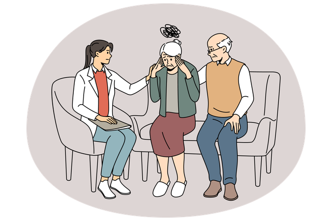 Arzt hilft älterer Frau mit Gedächtnisverlust  Illustration