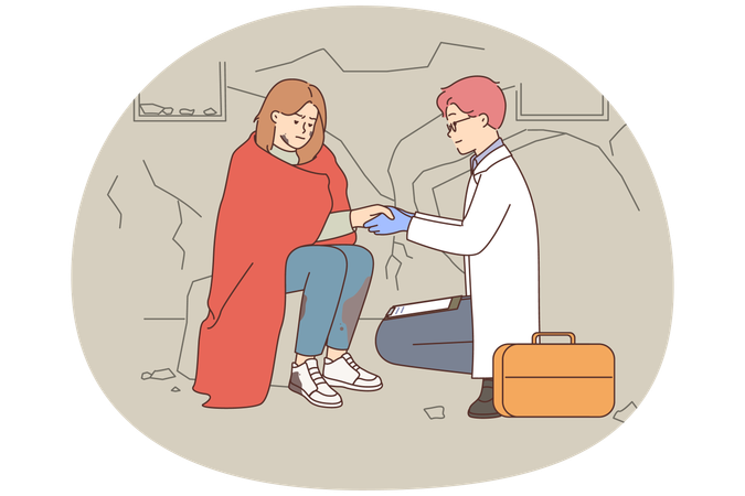 Arzt hilft Frau nach Naturkatastrophe  Illustration