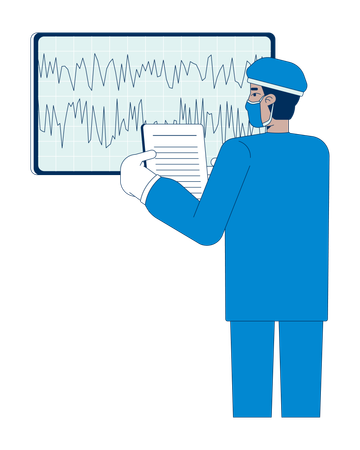 Arzt im OP-Kittel analysiert Gehirnströme-Daten auf Monitor  Illustration