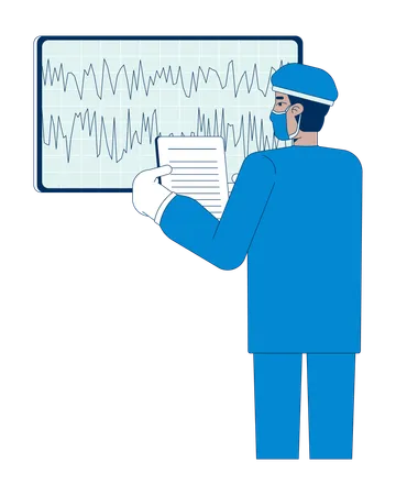 Arzt im OP-Kittel analysiert Gehirnströme-Daten auf Monitor  Illustration