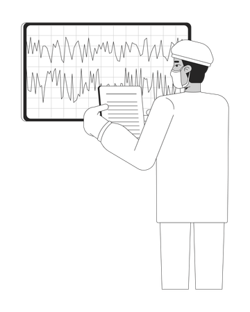 Arzt im OP-Kittel analysiert Gehirnströme-Daten auf Monitor  Illustration