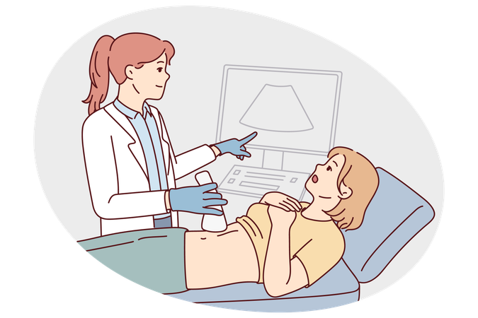 Arzt führt Bauchultraschall bei Patientin durch  Illustration