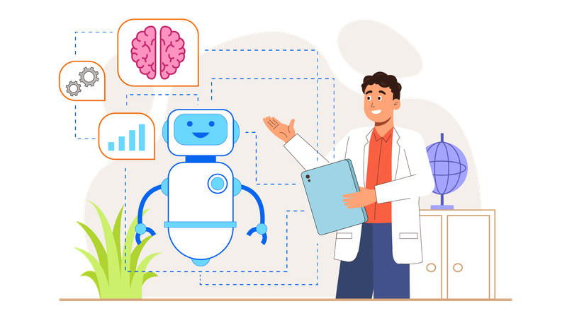 Arzt greift bei Entscheidungsfindung auf künstliche Intelligenz zurück  Illustration