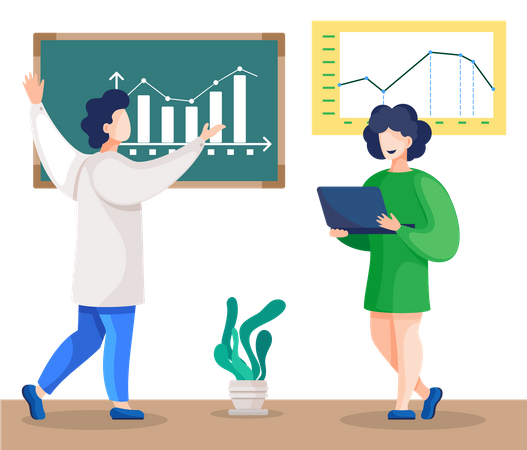 Arzt studiert Statistik an der Tafel  Illustration