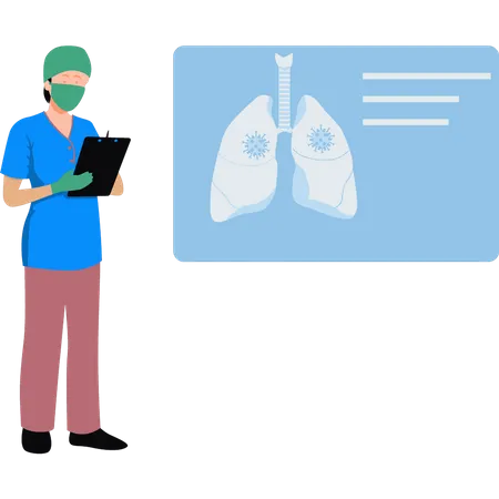 Arzt überprüft Bericht über Lungeninfektion  Illustration