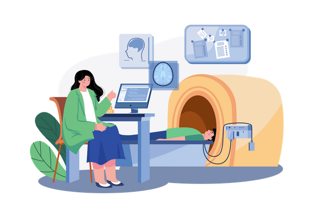 Arzt überprüft den Gesundheitszustand eines Patienten mit einem MRT-Gerät  Illustration