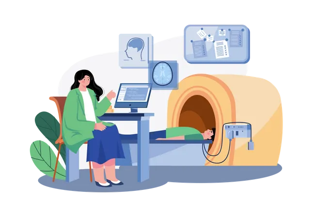 Arzt überprüft den Gesundheitszustand eines Patienten mit einem MRT-Gerät  Illustration