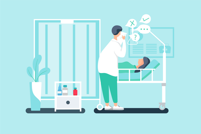 Arzt überprüft Patientendaten, während Patient im Bett liegt  Illustration