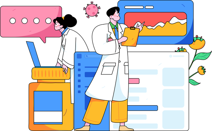 Männlicher Arzt und Ärztin beobachten medizinischen Bericht  Illustration