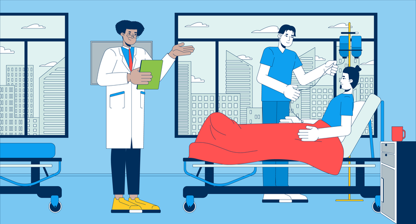 Arzt und Krankenschwester untersuchen Patienten im Krankenhausbett  Illustration